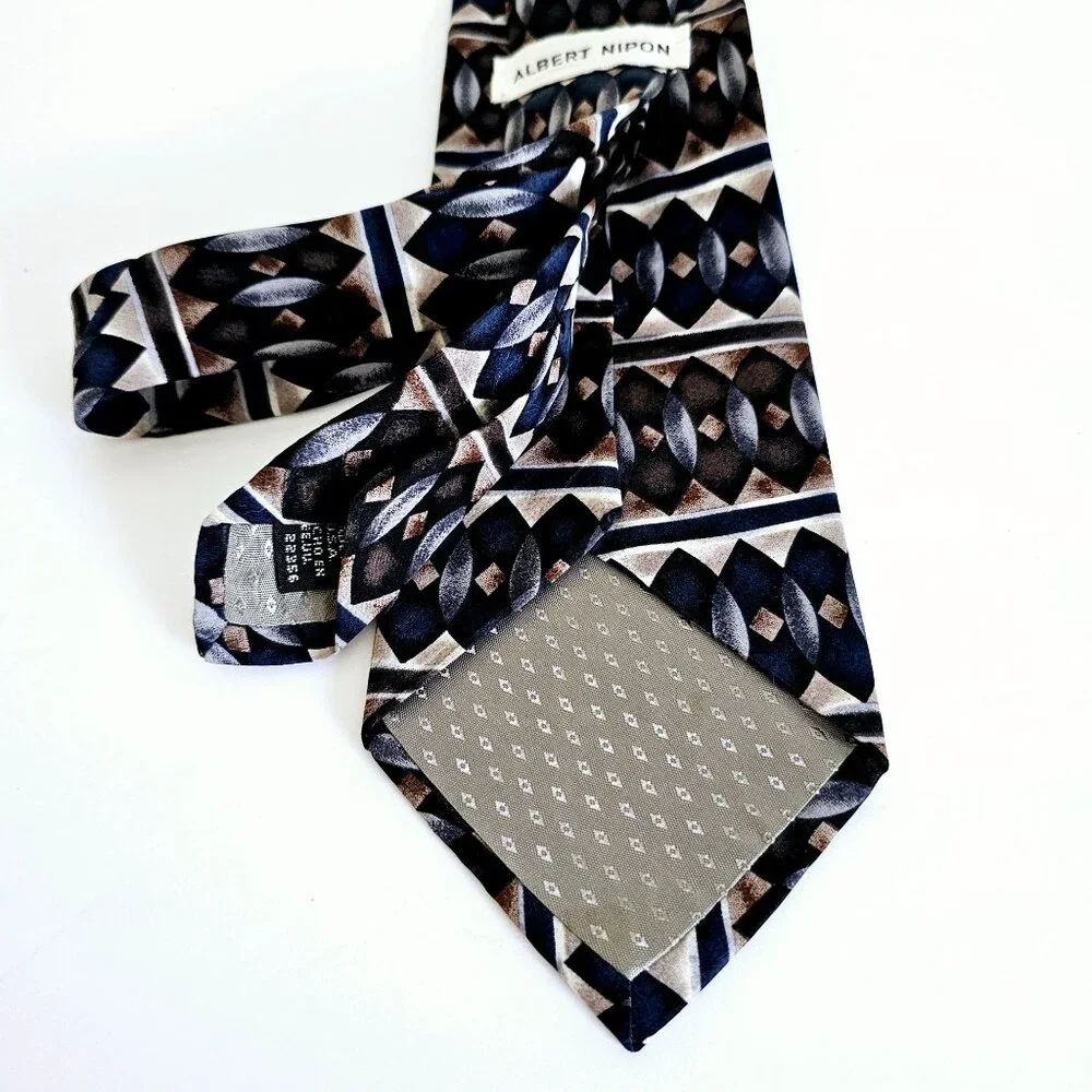 Vintage Albert Nipon Silk Necktie Geometric Diamond Navy Brown Tan Professional‎